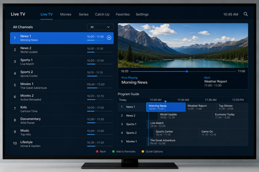 IBO Player channel interface displaying IPTV channels on a Samsung Smart TV