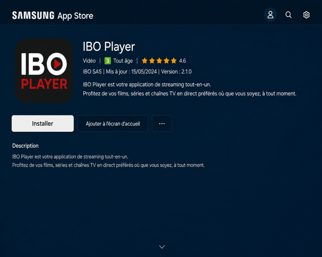 IBO Player app displayed in the Samsung Smart TV App Store before installation