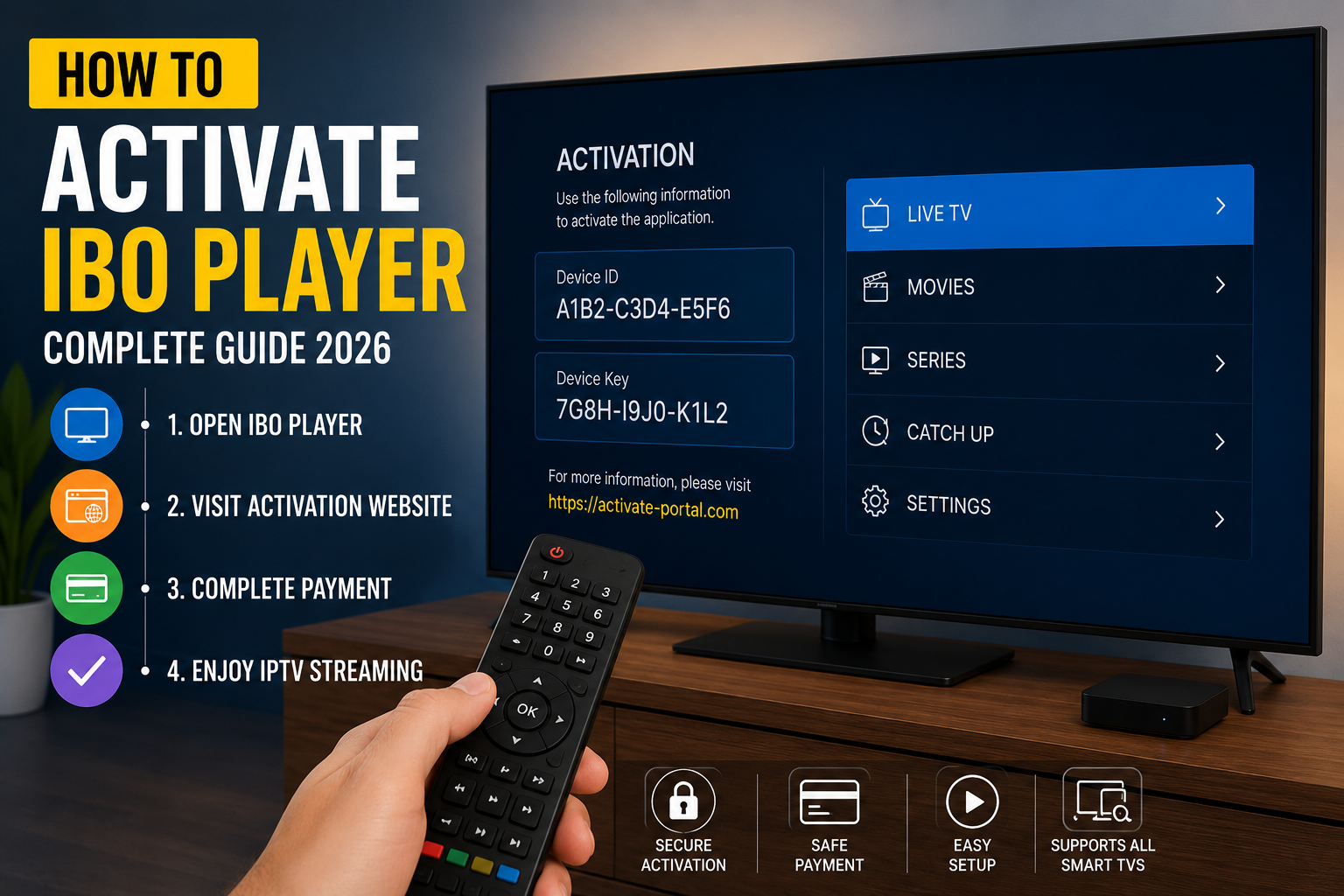 IBO Player activation screen with Device ID Device Key and IPTV setup guide on Smart TV